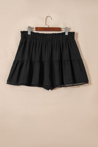 Black Plus Size Frilled Elastic Waist Lace Trim Boho Ruffled Shorts, Dear-Lover Dropshipping - A Blissfully Beautiful Boutique