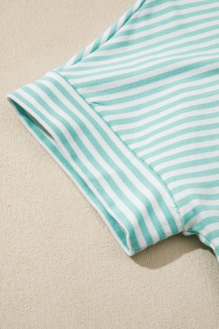 Green Stripe Cuffed Sleeve Contrast Mock Neck Tee Casual 2pcs Short Set, Dear-Lover Dropshipping - A Blissfully Beautiful Boutique
