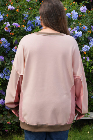 Light Pink Plus Color Block Waffle Patchwork Exposed Seam Baggy Sweatshirt, Dear-Lover Dropshipping - A Blissfully Beautiful Boutique