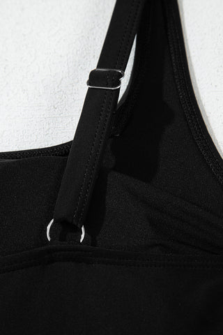 Black Side Tied Waist Square Neck Adjustable Straps A-line One Piece Swim Dress