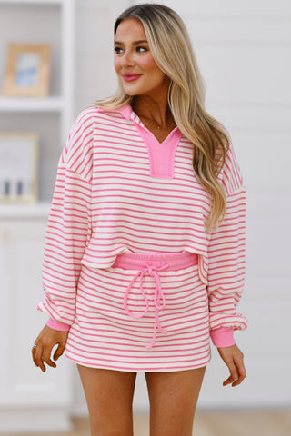 Pink Stripe Collared V Neck Drop Shoulder Pullover and Skort 2pcs Outfit