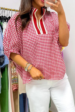 Red Plaid Short Sleeve Colorblock Trim Split Neck Blouse, Dear-Lover Dropshipping - A Blissfully Beautiful Boutique
