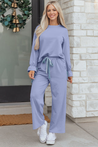 Beau Blue Flounce Long Sleeve Top Drawstring Pants Contrast Velvet Bow Knot 2pcs Lounge Set, Dear-Lover Dropshipping - A Blissfully Beautiful Boutique
