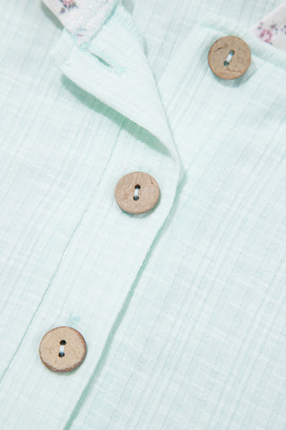 Clearly Aqua Textured Floral Patchwork Button Hooded Long Sleeve Top