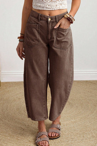 Coffee Solid Color Square Patch Pocket Ankle-length Barrel Jeans, Dear-Lover Dropshipping - A Blissfully Beautiful Boutique