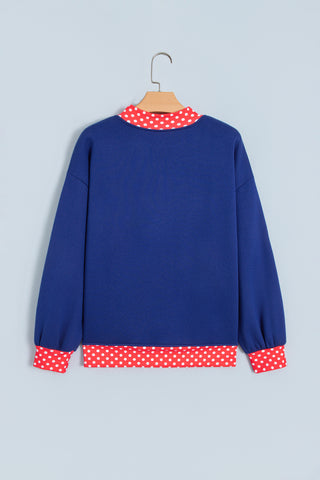 Dirty blue Polka Dot Letter Print Contrast Trim Mock Neck Sweatshirt
