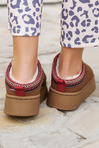 Chestnut Suede Contrast Print Round Toe Plush Lined Flats