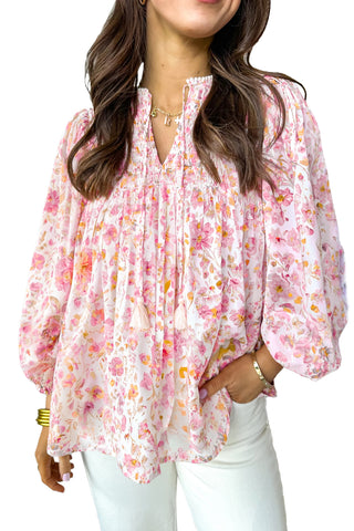Pink Floral Print Tassel Tie Smocked V Neck Puff Sleeve Tunic Blouse