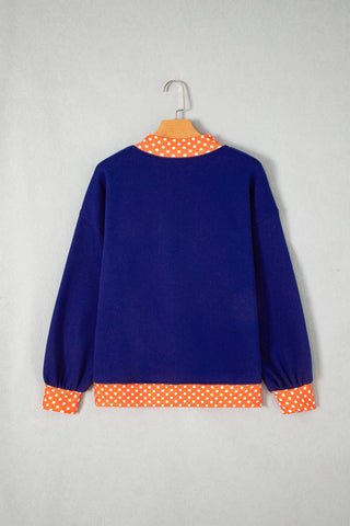 Dirty blue Polka Dot Letter Print Contrast Trim Mock Neck Sweatshirt