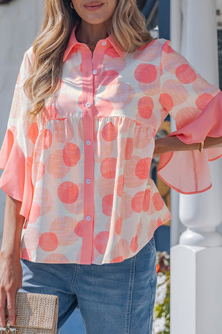Pink Double Polka Dot Printed Ruffle Trim Short Sleeve Babydoll Shirt, Dear-Lover Dropshipping - A Blissfully Beautiful Boutique