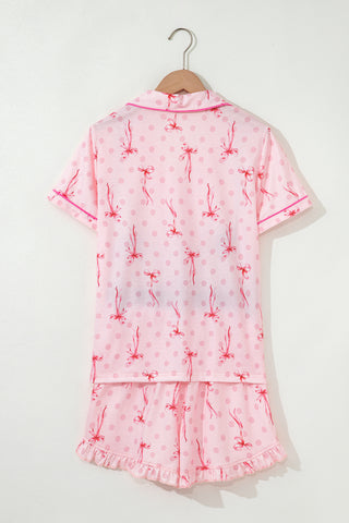 Pink Bow Print Contrast Pipping Short Pajamas Set, A Blissfully Beautiful Boutique - A Blissfully Beautiful Boutique