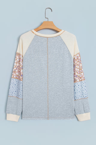 Light Grey Color Block Floral Waffle Mixed Patchwork Long Sleeve Top