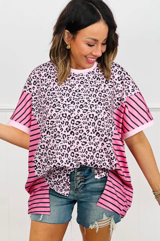 Pink Leopard Striped Patchwork Side Slit Loose Short Sleeve Top, Dear-Lover Dropshipping - A Blissfully Beautiful Boutique