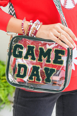 Blackish Green GAME DAY Chenille Embroidered Clear PVC Shoulder Bag, Dear-Lover Dropshipping - A Blissfully Beautiful Boutique