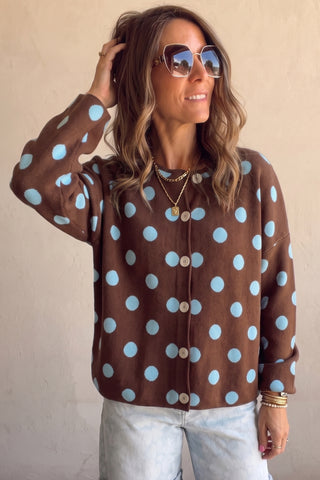 Brown Polka Dot Button Down Dropped Shoulder Shift Cardigan
