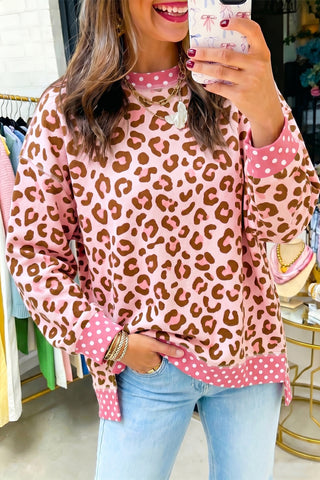 Pink Leopard Polka Dot Colorblock Trim Long Sleeve Top