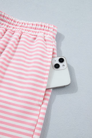 Pink Stripe Cuffed Sleeve Contrast Mock Neck Tee Casual 2pcs Short Set, Dear-Lover Dropshipping - A Blissfully Beautiful Boutique