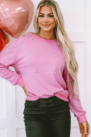 Bonbon Pearl Detail Ribbed Crew Neck Sweatshirt