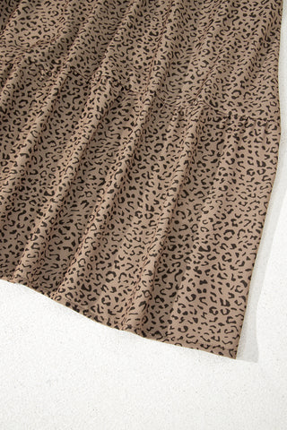 Brown Plus Size Leopard Print Frill Trim Short Sleeve Flared Dress