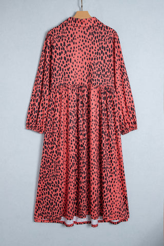 Red Leopard Print Long Sleeve V Neck Plus Size Midi Dress