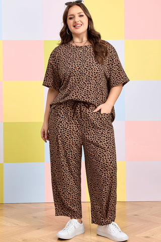 Brown Plus Size Leopard Loose Top Pleated Pants Set, Dear-Lover Dropshipping - A Blissfully Beautiful Boutique