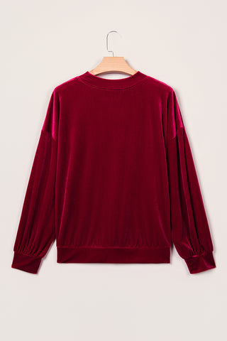 Burgundy Christmas Velvet Graphic Print Long Sleeve Sweatshirt
