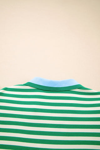 Green Stripe Print Contrast Collar Split Neck Flutter Sleeve Short Dress