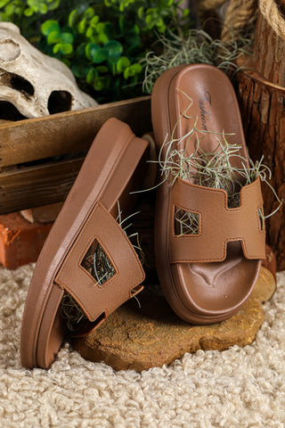 Chestnut Cutout Design Open Toe Platform Slippers (Run Small, Size Up), Dear-Lover Dropshipping - A Blissfully Beautiful Boutique