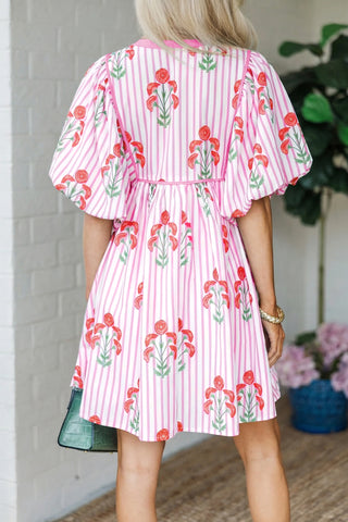 Pink Floral Striped Print Tie Notched Neck Puff Sleeve Flared Mini Dress, Dear-Lover Dropshipping - A Blissfully Beautiful Boutique