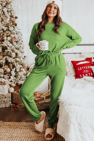 Spinach Green Long Sleeve Pullover and Jogger Pants Lounge Set