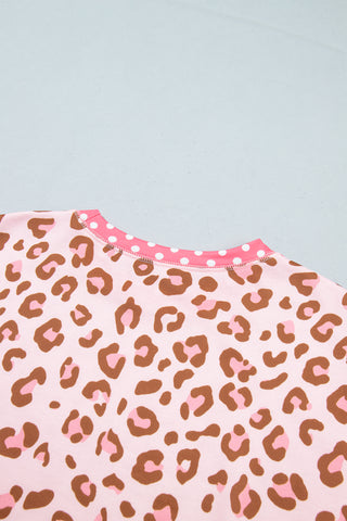 Pink Leopard Polka Dot Colorblock Trim Long Sleeve Top