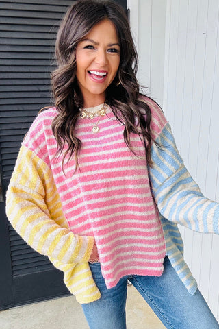 Multicolour Color Block Striped Patchwork Dolman Sleeve Slit Sweater, Dear-Lover Dropshipping - A Blissfully Beautiful Boutique
