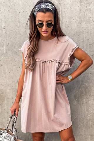 Oatmeal Frilled Trim Crew Neck Loose Fit Mini Dress