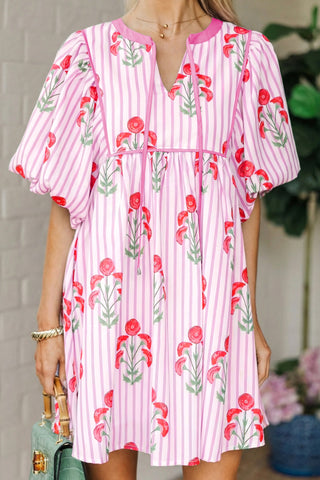 Pink Floral Striped Print Tie Notched Neck Puff Sleeve Flared Mini Dress, Dear-Lover Dropshipping - A Blissfully Beautiful Boutique