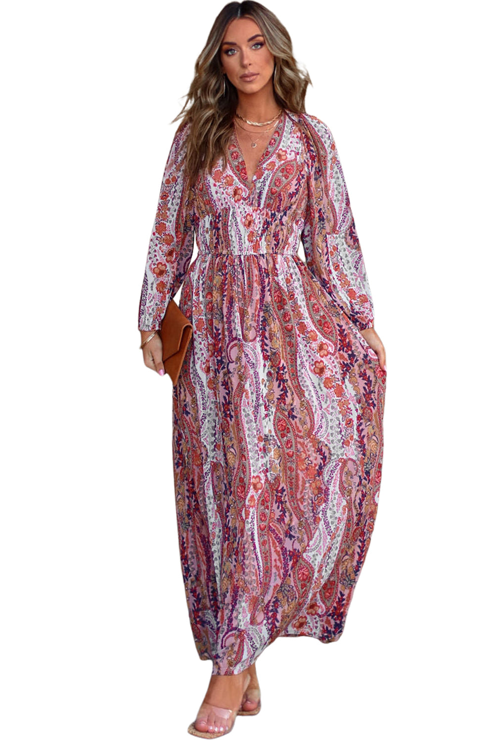 Multicolour Boho Paisley Print V Neck Empire Waist Maxi Dress – A