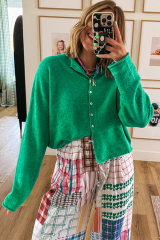 Bright Green Solid Color Knit Button Drop Shoulder Sweater Cardigan