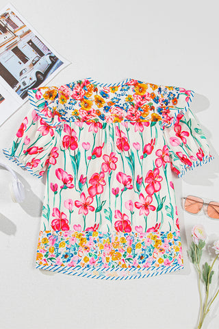 Pink Floral Print Striped Detail Split Neck Short Sleeve Blouse, A Blissfully Beautiful Boutique - A Blissfully Beautiful Boutique