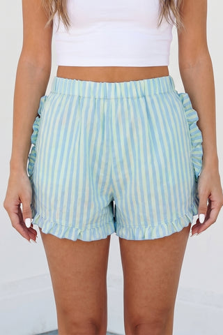 Sky Blue Stripe Elastic Waist Ruffle Trim Casual Shorts, Dear-Lover Dropshipping - A Blissfully Beautiful Boutique