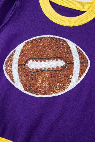 Purple Sequin Rugby Color Block Puff Short Sleeve Sweater