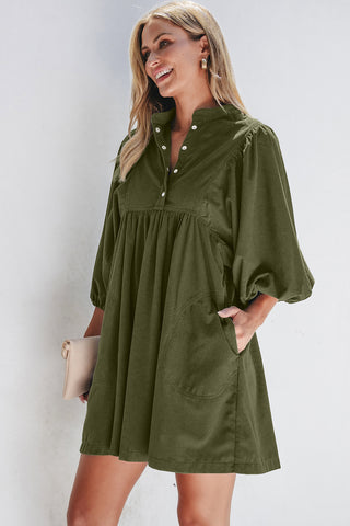 corduroy empire waist dress Vineyard Green Corduroy Snap Buttons Empire Waist Bracelet Sleeve Dress