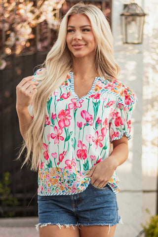 Pink Floral Print Striped Detail Split Neck Short Sleeve Blouse, A Blissfully Beautiful Boutique - A Blissfully Beautiful Boutique