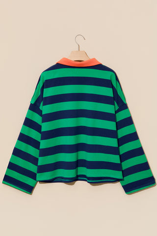 Green Stripe Quarter-Zip Metal Zipper Cover Stitch Hem Top
