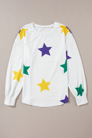 White Mardi Gras Star Printed Long Sleeve Top, Dear-Lover Dropshipping - A Blissfully Beautiful Boutique