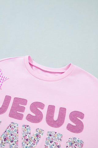 Pink Patchwork Stars Plaid Unique Floral Letters Baggy Sweatshirt