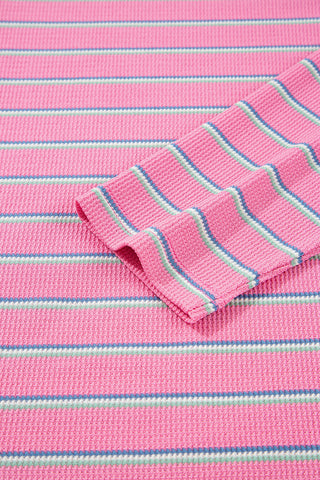 Rose Stripe Textured Knit Round Neck Long Sleeve Top