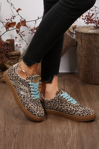 Coffee Faux Suede Leopard Print Sleek PU Leather Detail Lace Up Sneakers, Dear-Lover Dropshipping - A Blissfully Beautiful Boutique