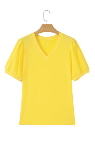 Yellow Solid Color V Neck Short Puff Sleeve Blouse