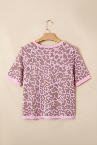 Pink Leopard Button Down Short Sleeve Sweater Cardigan, Dear-Lover Dropshipping - A Blissfully Beautiful Boutique