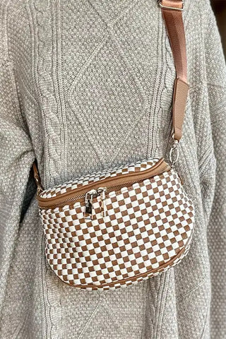 Straw Yellow Checkerboard Woven Zip Crossbody Bag, Dear-Lover Dropshipping - A Blissfully Beautiful Boutique