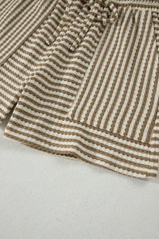 Brown Stripe Breathable Textured Knit Short 2pcs Set, Dear-Lover Dropshipping - A Blissfully Beautiful Boutique